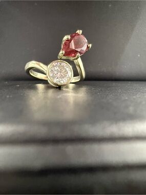 Toi et Moi Gold Ring with Red Pear Gem and Clear Round Stone